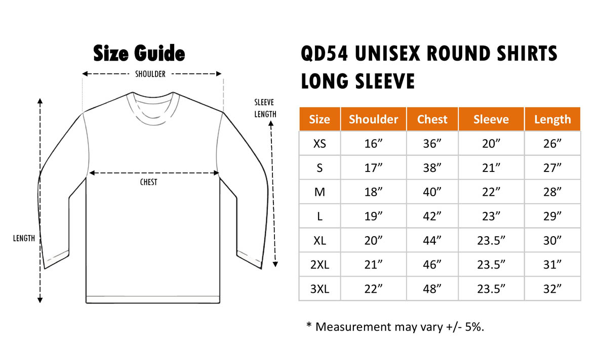 QD54 drifit longsleeve t shirt size chart