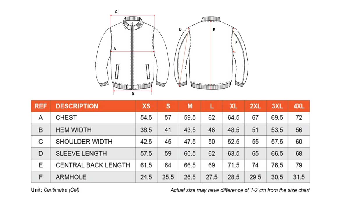 UJ12B bomber jacket size chart