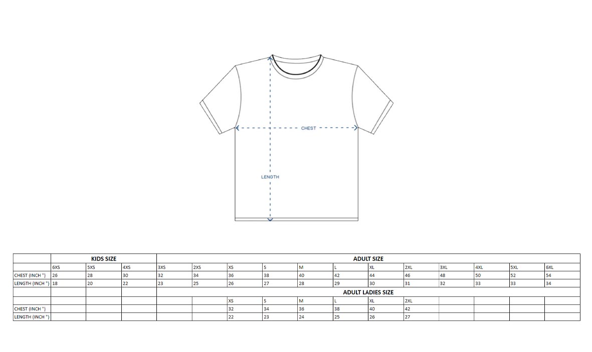 TC01 t-shirt size chart