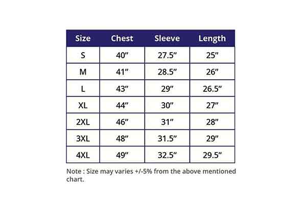 AKJ01 jacket size chart