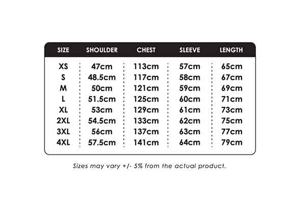 CJ02 jacket size chart