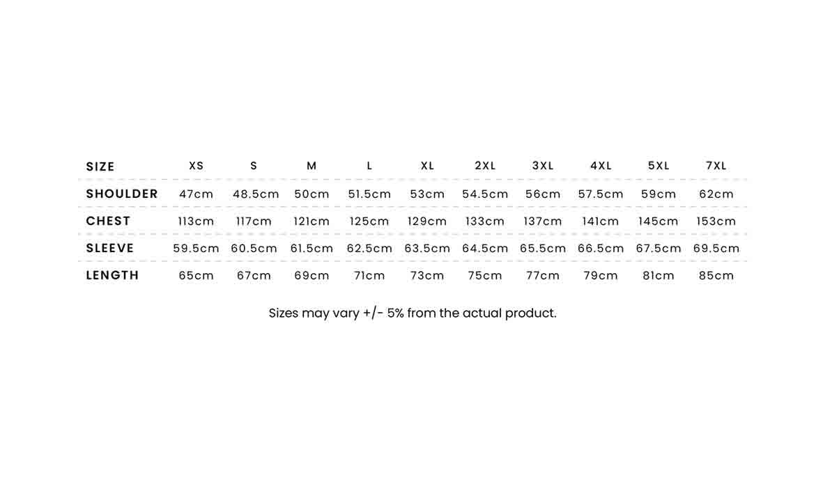 CJ02 size chart CJ02 size chart